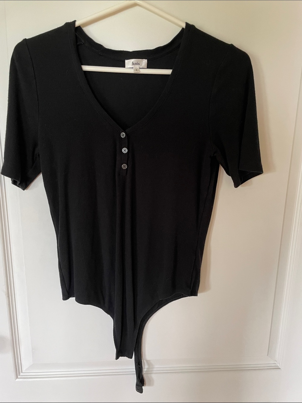 knix Black Ribbed V-Neck Short Sleeve Snap-Front Bodysuit